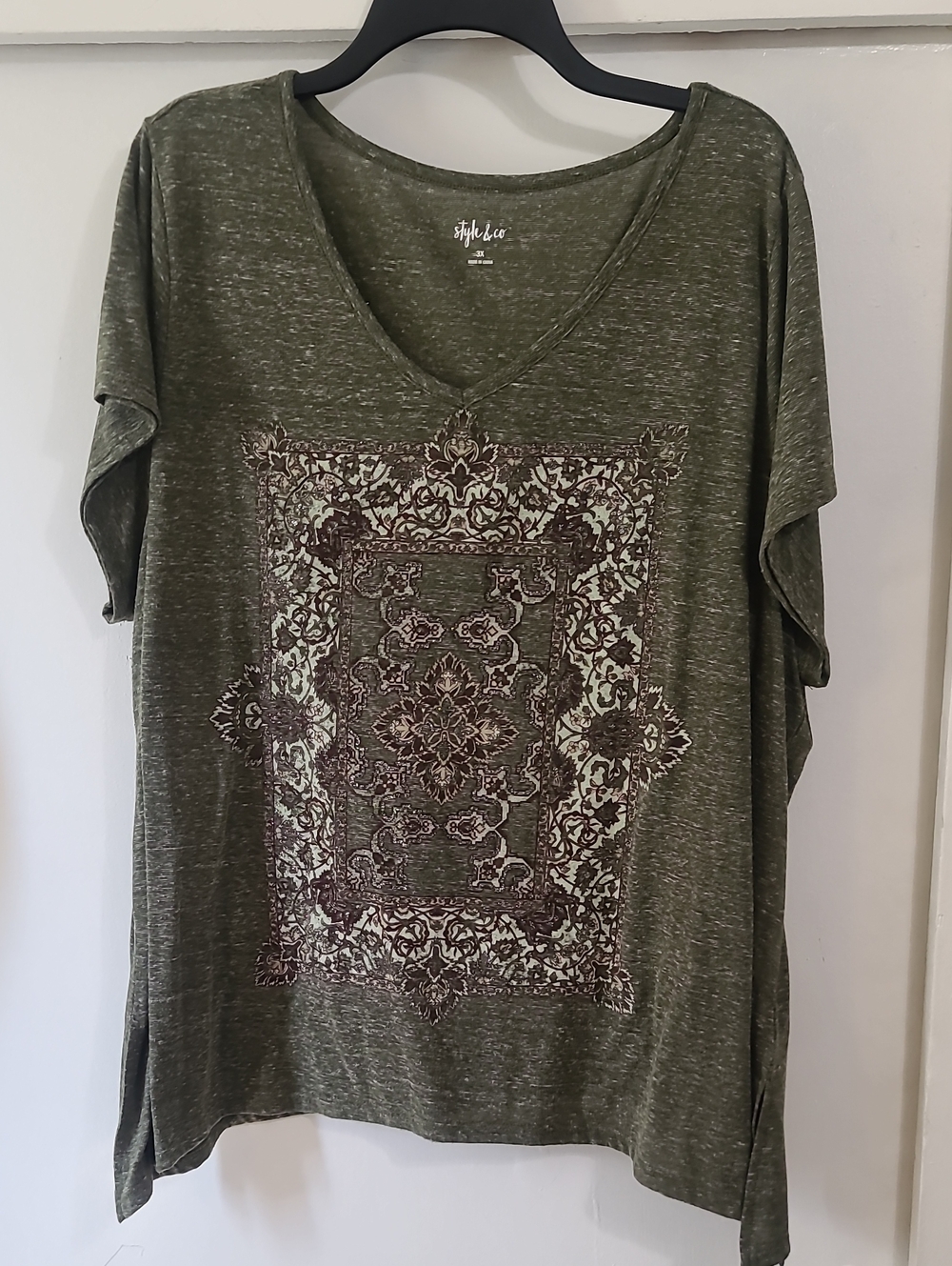 Style & Co by Macy's Olive/Army Green Print V-neck T-shirt
